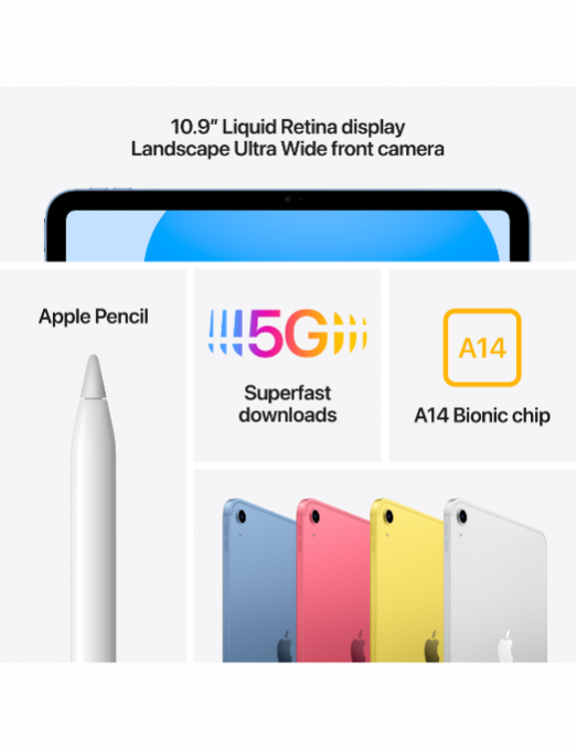 iPad 10e génération 10,9 (2022), 64 Go - WiFi + Cellular 5G - Bleu - Apple